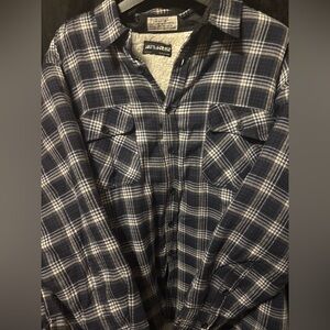 Men’s Jon Lauren Navy Blue Plaid Flannel Sherpa Lines Flannel Jacket